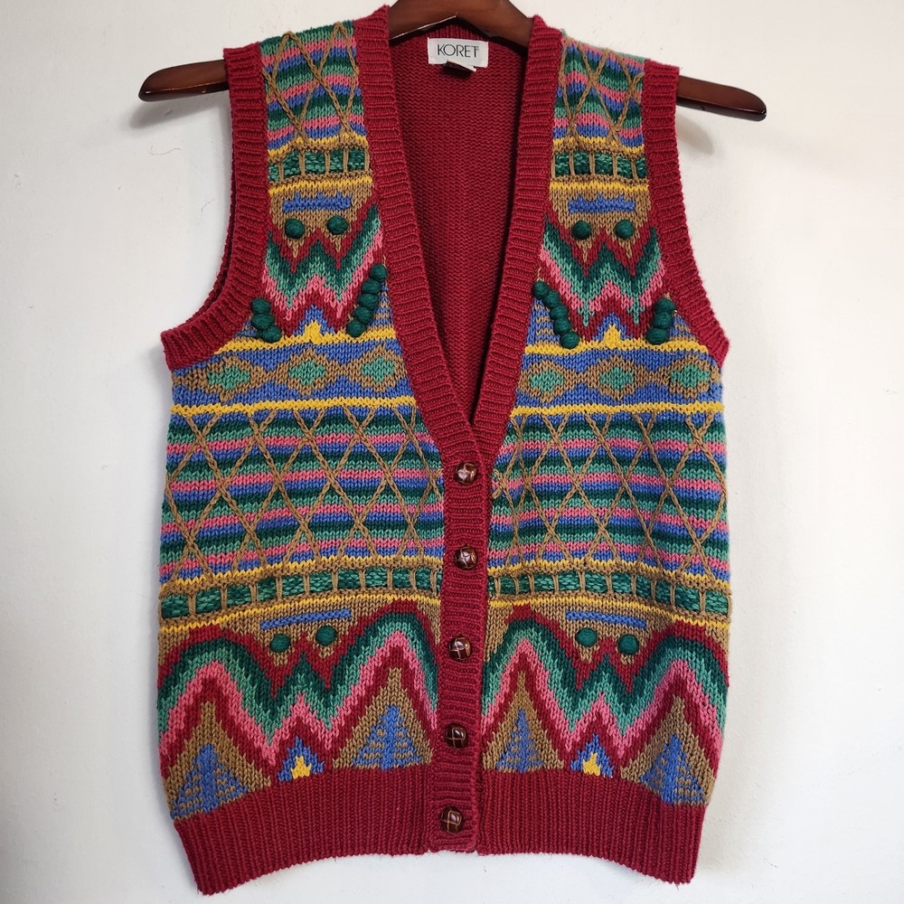 Vintage 90s Sweater Vest M Grandmacore Art Teacher Folk Art Boho Embellished